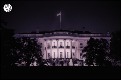 Photo of the White House at night tinted purple with The Advocates globe logo in the upper left hand corner Photo of the White House at night tinted purple with The Advocates globe logo in the upper left hand corner